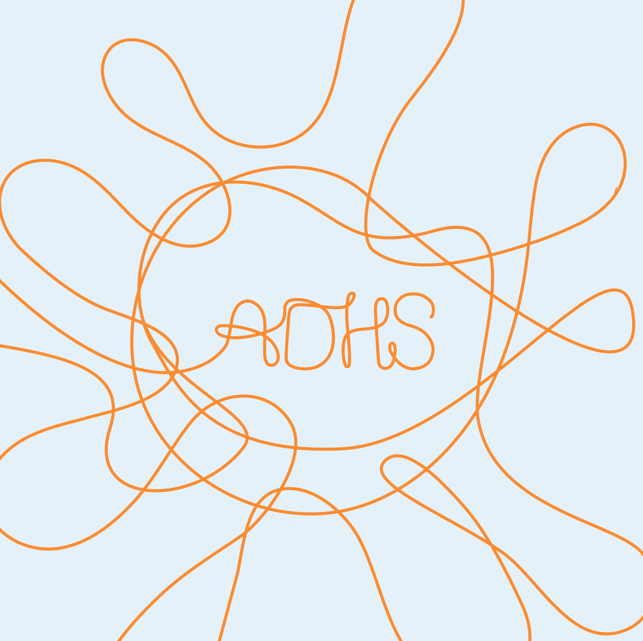 Grafik: Gewirr aus einer Linie, die im Zentrum das Wort ADHS bildet als Symbol für ADHS-Diagnose