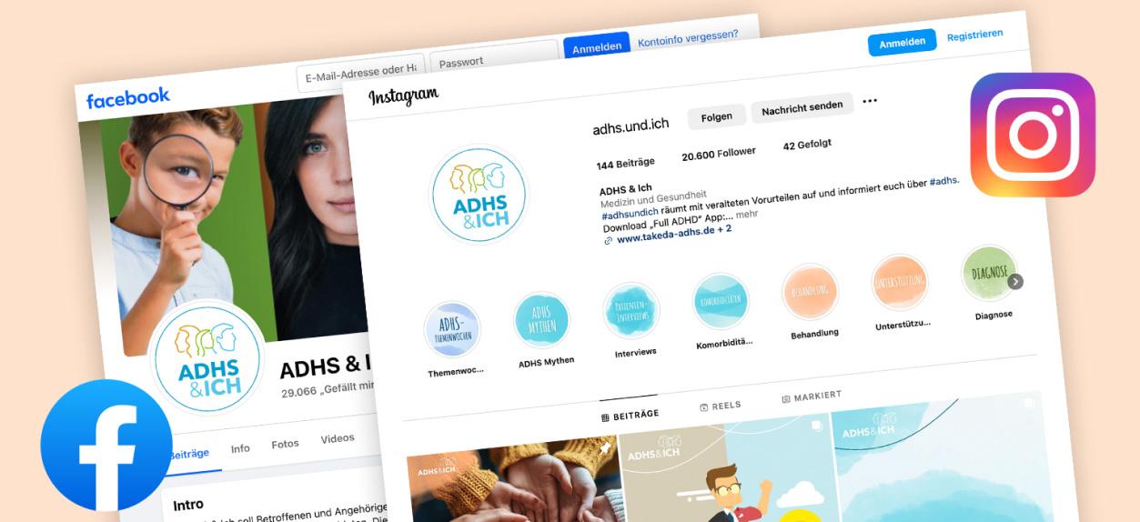 Screenshot der ADHS&ICH Kanäle auf Facebook und Instagram