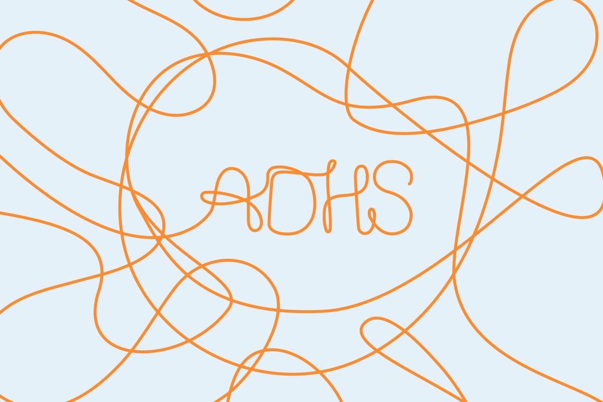 Grafik: Gewirr aus einer Linie, die im Zentrum das Wort ADHS bildet als Symbol für ADHS-Diagnose